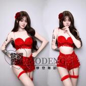 女DJ领舞台chic性感辣妹红色蕾丝领舞套装 元 旦酒吧DS演出服新款