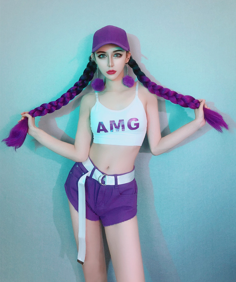新品夜店紫色牛仔裤辫子假发套装gogo酒吧dj女团DS演出服女