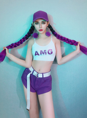 新品夜店紫色牛仔裤辫子假发套装gogo酒吧dj女团DS演出服女