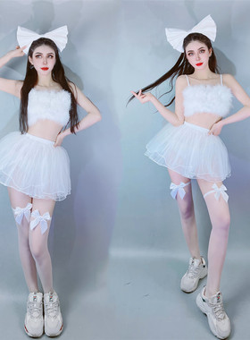 新款酒吧gogo秀派对气氛DS演出服dj领舞服性感白色羽毛蓬蓬裙套装