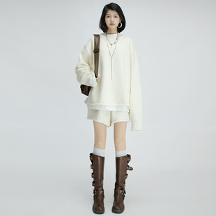 两件套 女秋冬卷边设计感圆领套头毛衣短裤 U慵懒风宽松针织套装