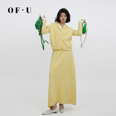 假两件连帽针织衫中长裙两件套女