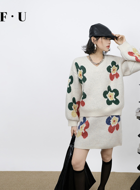 OF U 宽松V领花朵针织衫半身裙两件套女春节款慵懒风毛衣短裙套装