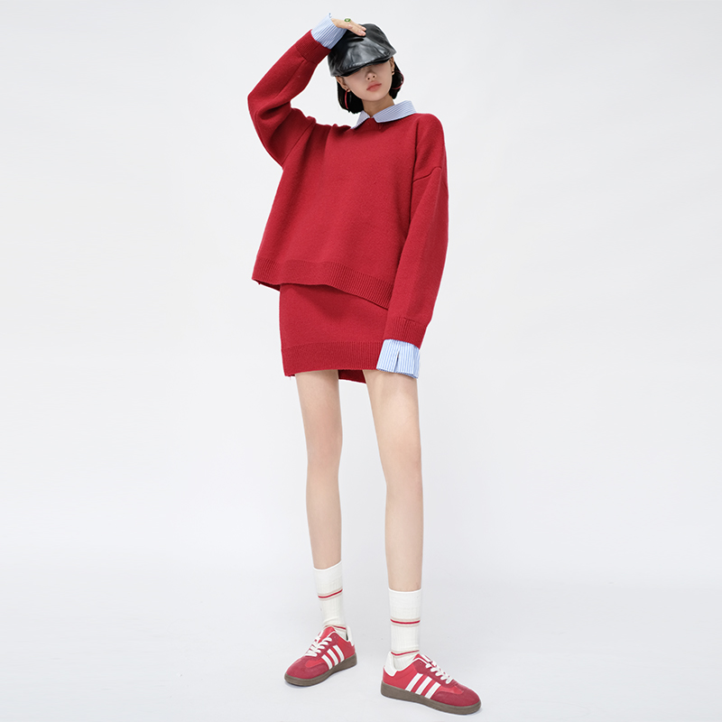 假两件条纹针织衫毛衣短裙两件套