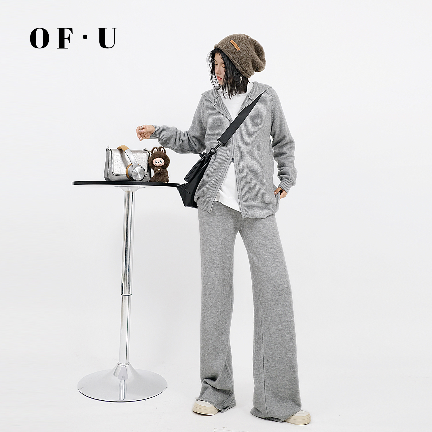 复古双拉链针织开衫阔腿裤两件套