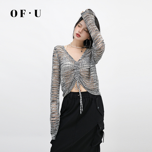 OF U 慵懒复古褶皱抽绳V领长袖针织衫女早秋宽松短款防晒罩衫上衣