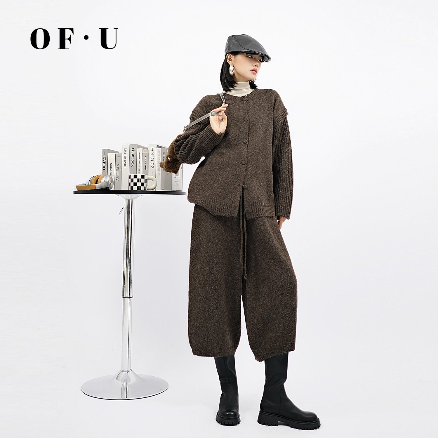 OF U复古老钱风针织开衫阔腿裤两件套女秋冬慵懒风毛衣七分裤套装,女装/女士精品,时尚套装,淘宝优惠券,粉丝福利购,淘宝优惠卷