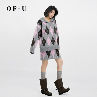 女秋冬宽松慵懒针织衫 复古菱形格V领毛衣短裙套装 裙子两件套