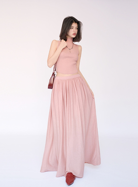 OF U法式无袖背心褶皱半身裙子套装春夏高腰气质显瘦中长裙一整套