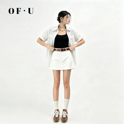 OF U盐系松弛感工装衬衫女外搭高腰防走光短裙夏季成套穿搭三件套