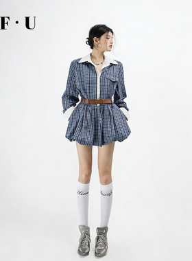 OF U假两件格子纹花苞裙短裙高腰收腰显瘦长袖polo领衬衫连衣裙女