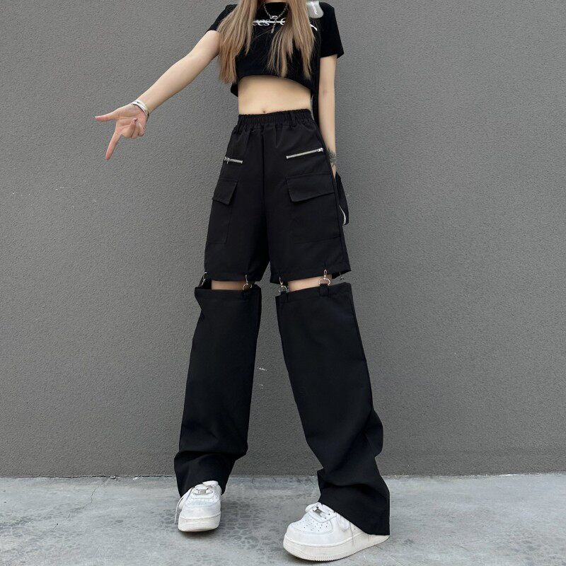 设计感辣妹炸街破洞镂空工装裤直筒可拆卸休闲黑色束脚裤子女春夏