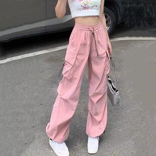 ins束脚爵士舞裤子女2026新款粉色hiphop工装裤美式复古运动阔腿