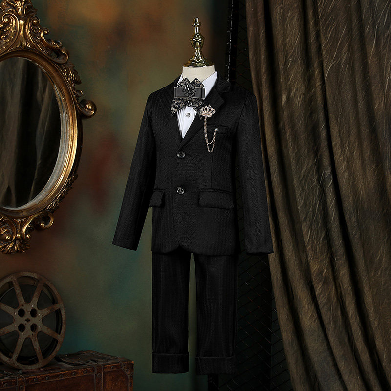 男童礼服套装2025新款儿童西装钢琴演出服纯黑色主持人男孩小西服