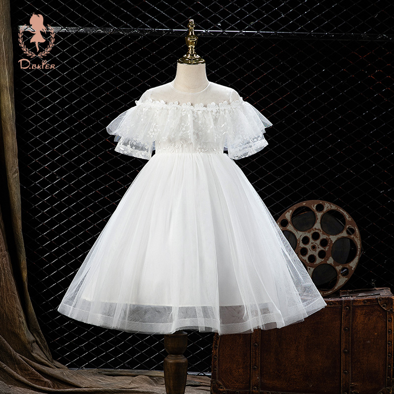 女童晚礼服公主裙白色纱裙洋气花童婚纱主持人儿童演出服蓬蓬裙夏
