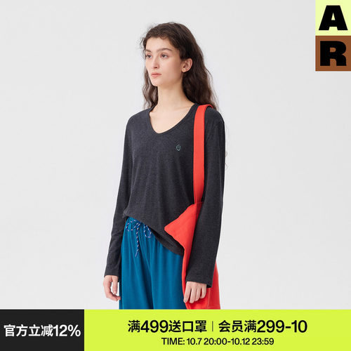 AR「soft notes」棉莫代尔v领长袖t恤休闲宽松灰色设计感上衣女装