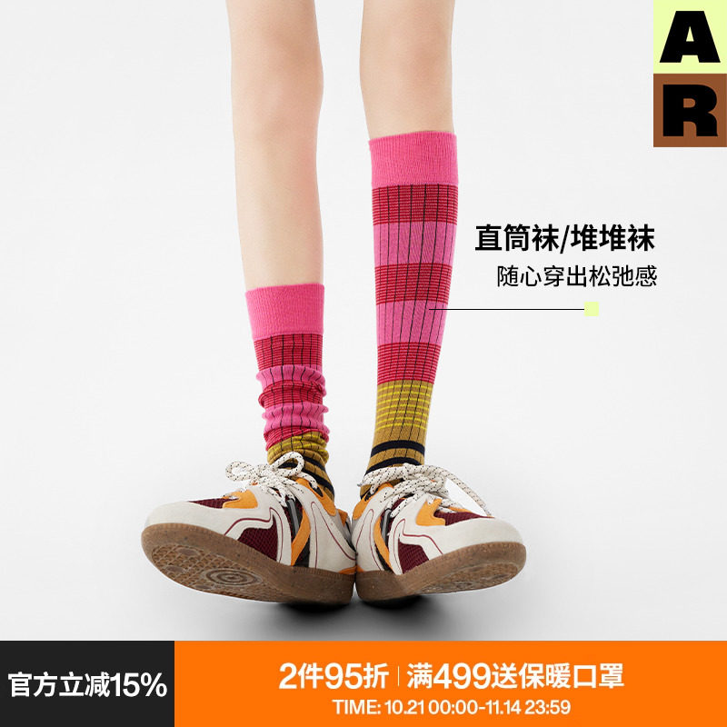 AR条纹秋冬小腿袜女复古美腿堆堆袜显瘦高筒袜彩色长筒袜百搭袜子