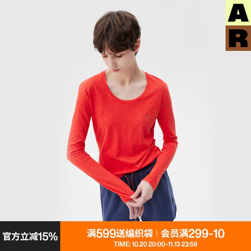 AR「softnotes」纯色竹节纱长袖T恤上衣女装夏季可外穿家居服宽松