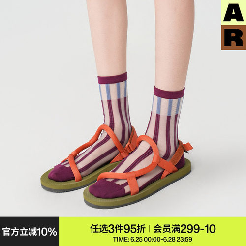 AR袜子夏薄款女款轻透条纹撞色中筒袜冰冰丝袜复古玛丽珍袜堆堆袜