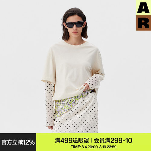 【doudou推荐】AR拼接网纱长袖T恤女夏上衣短袖假两件白色打底衫