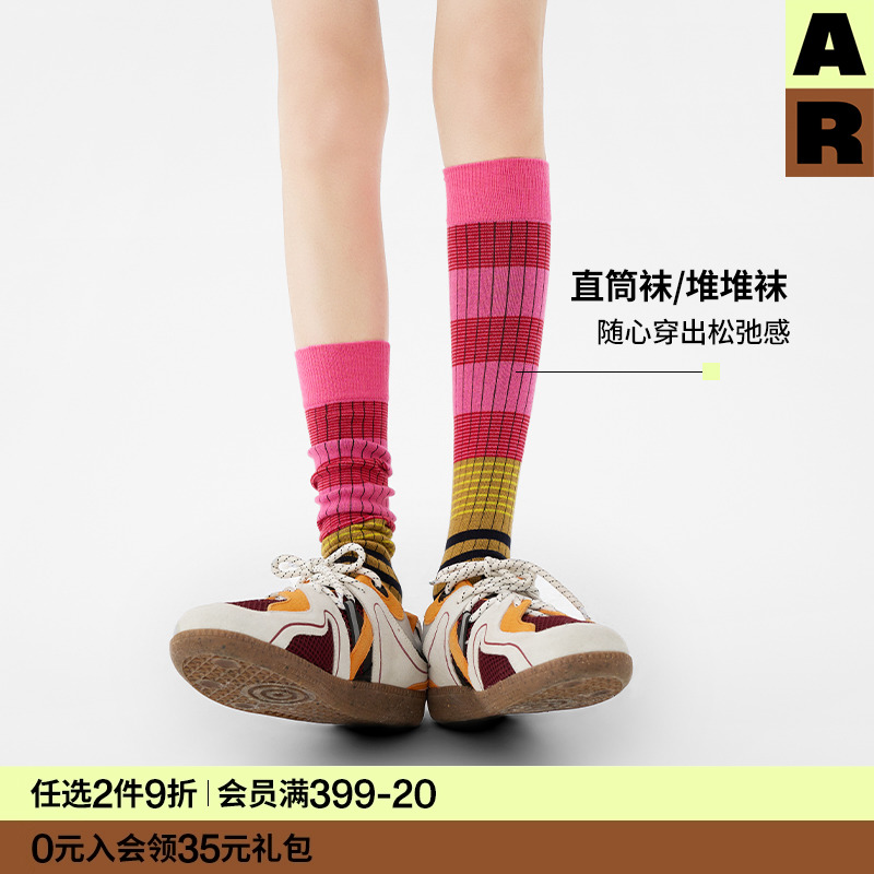 AR条纹秋冬小腿袜女复古美腿堆堆袜显瘦高筒袜彩色长筒袜百搭袜子