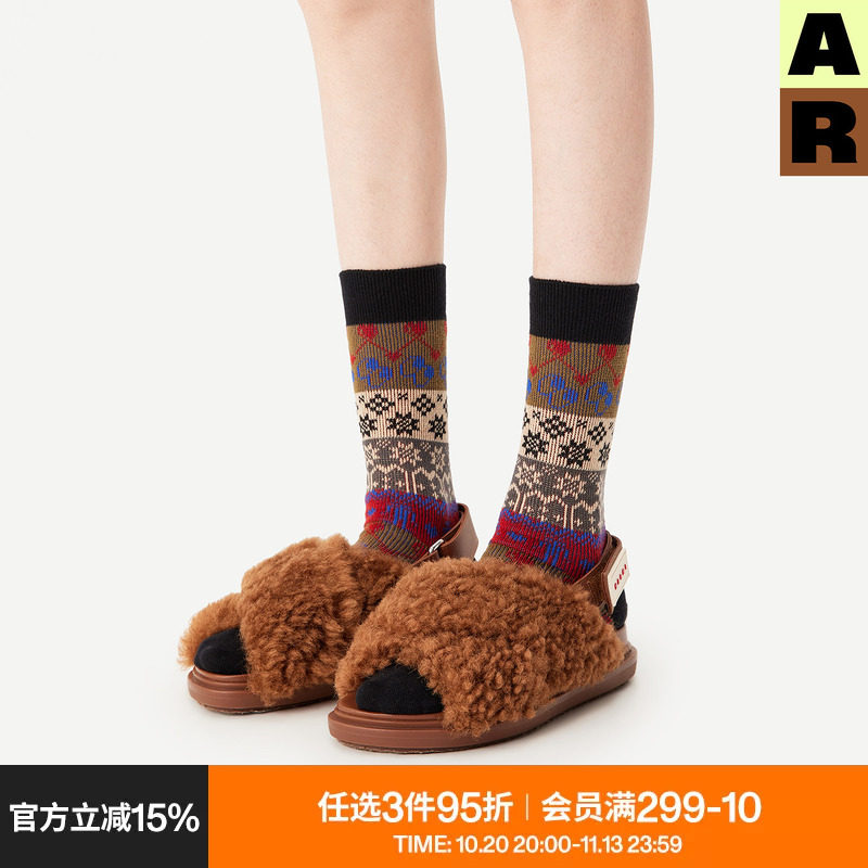 AR袜子女秋冬款民族风复古壮锦中筒袜百搭防寒显瘦堆堆袜春秋季