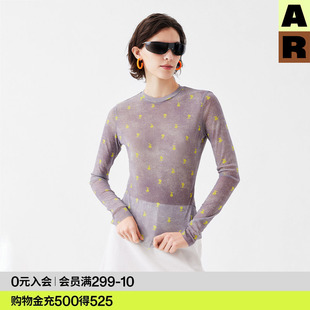 AR原创印花网纱打底衫长袖t恤上衣女装夏修身显瘦可外穿罩衫薄款