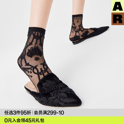 AR袜子女款短袜春夏季黑色复古蕾丝薄网纱花纹水晶袜透明玻璃丝袜