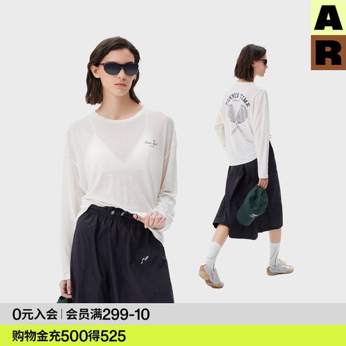 AR天丝亚麻网球印花长袖T恤上衣女装夏季薄款清凉宽松型圆领罩衫