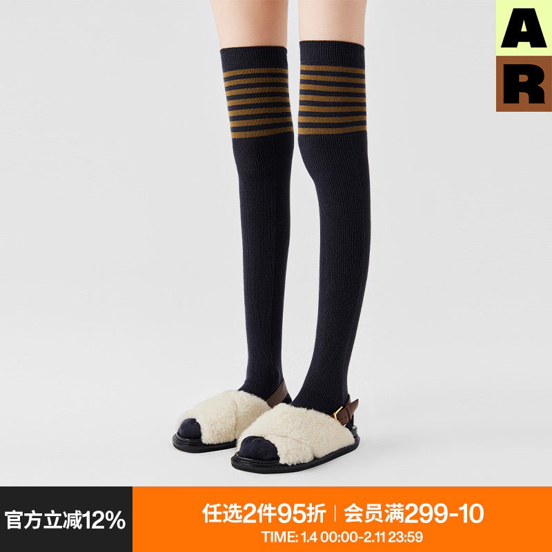 AR条纹过膝袜女秋冬加厚保暖堆堆袜黑色美腿显瘦萝莉款长筒袜子JK