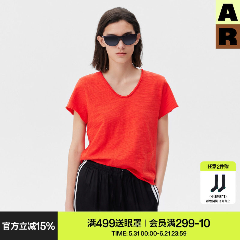 AR「softnotes」竹节棉V领纯棉短袖t恤上衣女装夏季家居服慵懒风