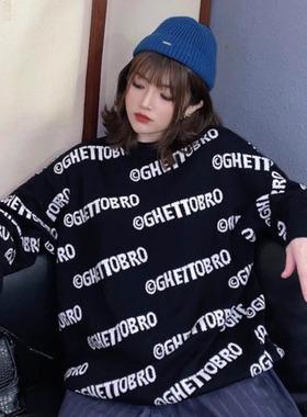 GTB/Ghettobro基础横标字体提花纯棉重磅小领口秋冬针织毛衣情侣