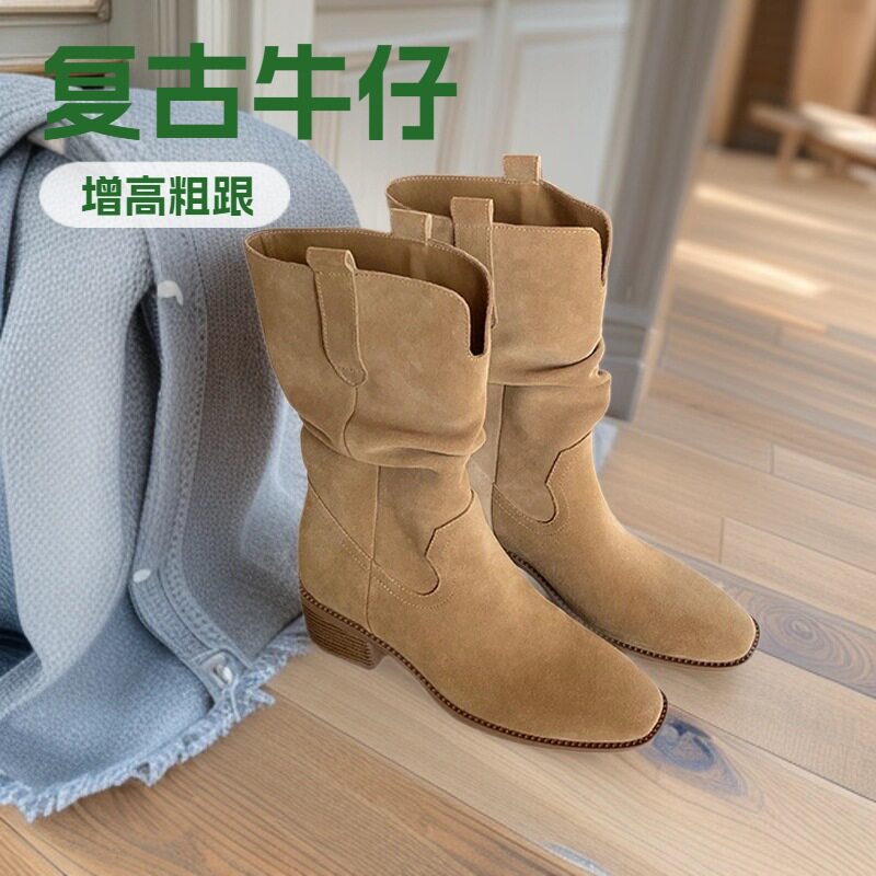葡萄妈时装靴西部褶皱短筒单靴女款秋季复古英伦风小个子增高中筒