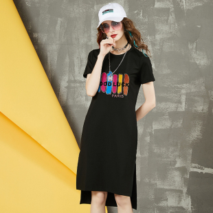 T恤裙中长款 圆领短袖 休闲连衣裙女 时尚 纷彩鲨鱼欧洲站夏2025新款