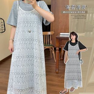 两件套气质套装 W1327轩辰大码 叠穿休闲蕾丝吊带裙T裙套装 女装 夏款