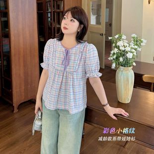 现货k3075大码 系带娃娃领格纹上衣蝴蝶结法式 方领胖妹妹夏女衬衫