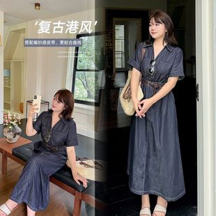 翻领腰带牛仔连衣裙242809 大码 女装 复古港风收腰显瘦2025夏季 新款