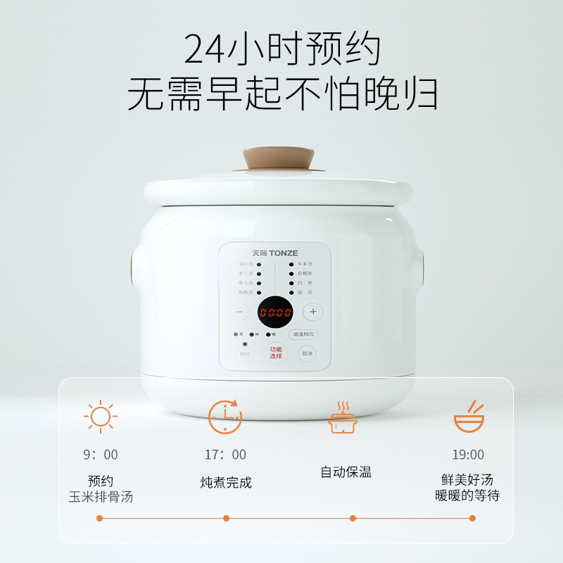 天际全自动电炖炖锅陶瓷煮粥宝煲熬汤神器家用养生电砂锅2L-3L