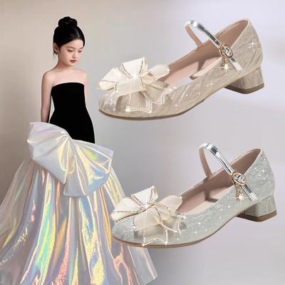 女童高跟鞋银色公主水晶皮鞋
