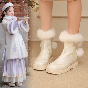 女童汉服鞋子2025冬季新款马面裙女孩加厚棉鞋中国风儿童短靴加绒