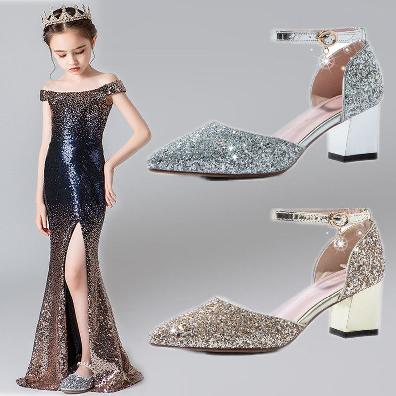 女童公主皮鞋儿童高跟鞋尖头水晶鞋中大童模特走秀礼服鞋演出单鞋