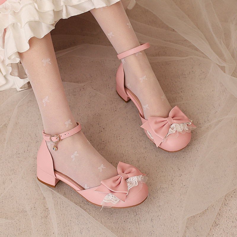 公主洛丽塔鞋子女童皮鞋粉色女孩包头凉鞋儿童高跟鞋中大童演出鞋
