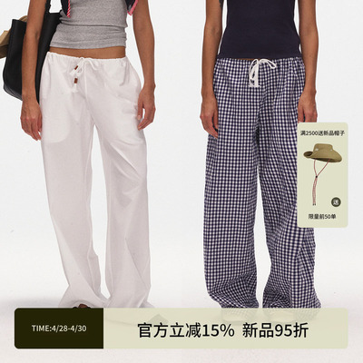 ECHOADE 经典时髦中腰抽绳休闲长裤宽松轻薄透气直筒裤休闲格子裤