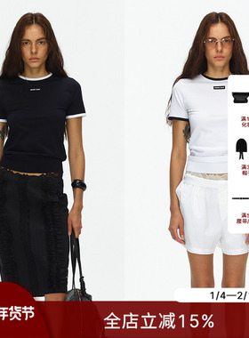 ECHOADE减龄时髦撞色线条设计优雅运动感罗纹针织修身圆领短袖T恤