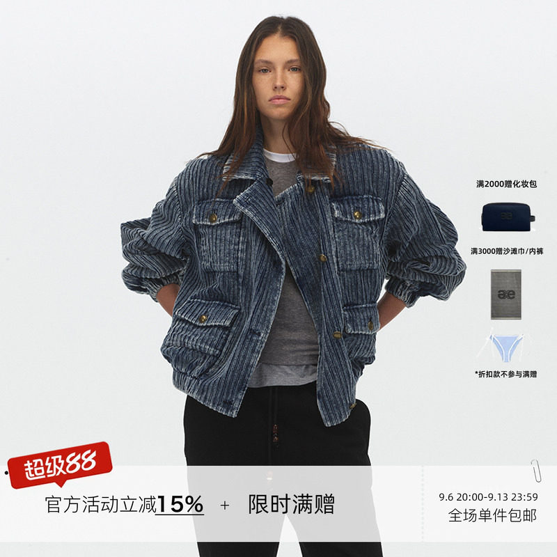 ECHOADE复古街头感 工装翻领设计挺括坑条植绒牛仔夹克外套图片