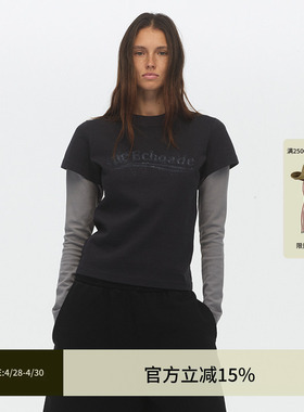 ECHOADE假两件双袖撞色拼接正肩修身版型小圆领logo印花长袖T恤
