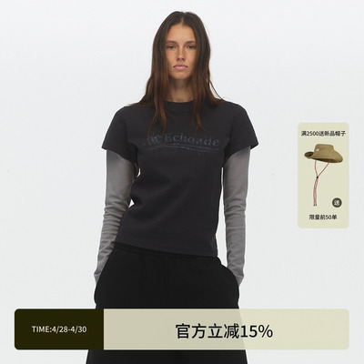 ECHOADE假两件双袖撞色拼接正肩修身版型小圆领logo印花长袖T恤