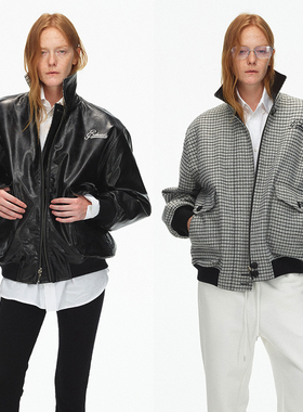 ECHOADE复古摩登 宽松版型 千鸟格拼黑皮双面穿皮夹克外套
