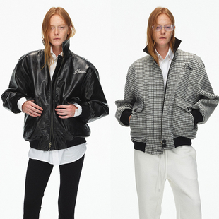 千鸟格拼黑皮双面穿皮夹克外套 型 ECHOADE复古摩登 宽松版