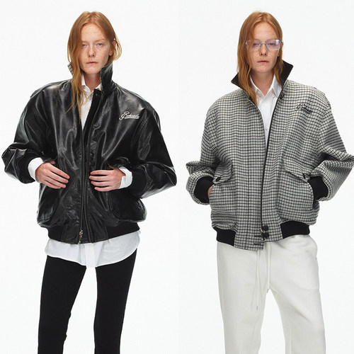 ECHOADE千鸟格拼黑皮双面穿夹克